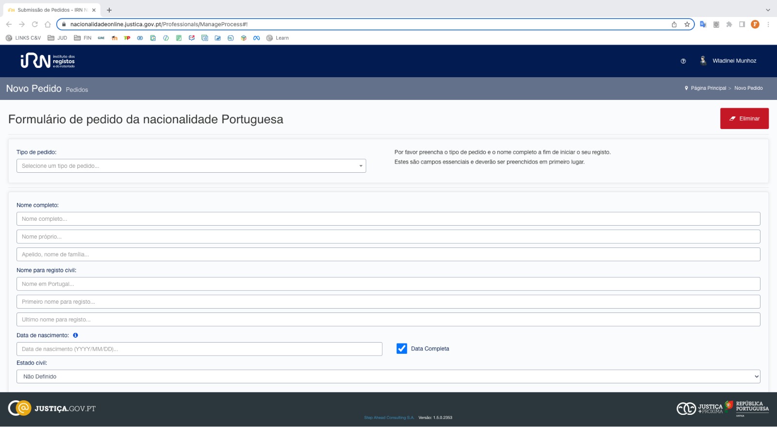 Tela do sistema de solicitação de cidadania
