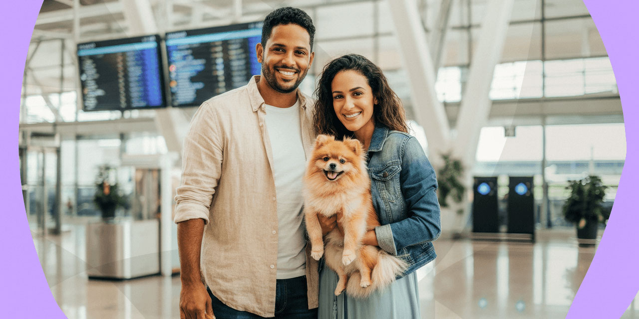 Casal brasileiro com cachorro em caixa de transporte no aeroporto, pronto para embarcar para Portugal com segurança e tranquilidade.