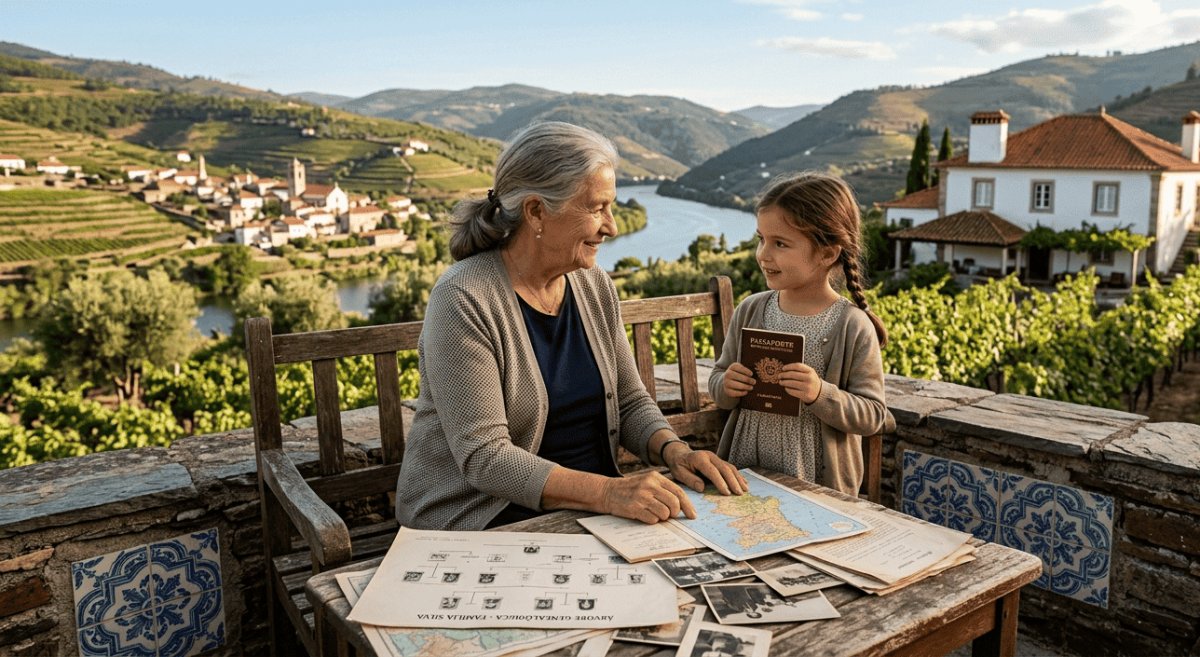 Uma bisavó e sua bisneta sentadas em um terraço de pedra no Vale do Douro, Portugal, analisando uma árvore genealógica e documentos antigos sobre uma mesa de madeira. A criança segura um passaporte português enquanto a idosa aponta para um mapa. Ao fundo, uma paisagem ensolarada com vinhedos, o rio Douro e uma casa tradicional portuguesa.