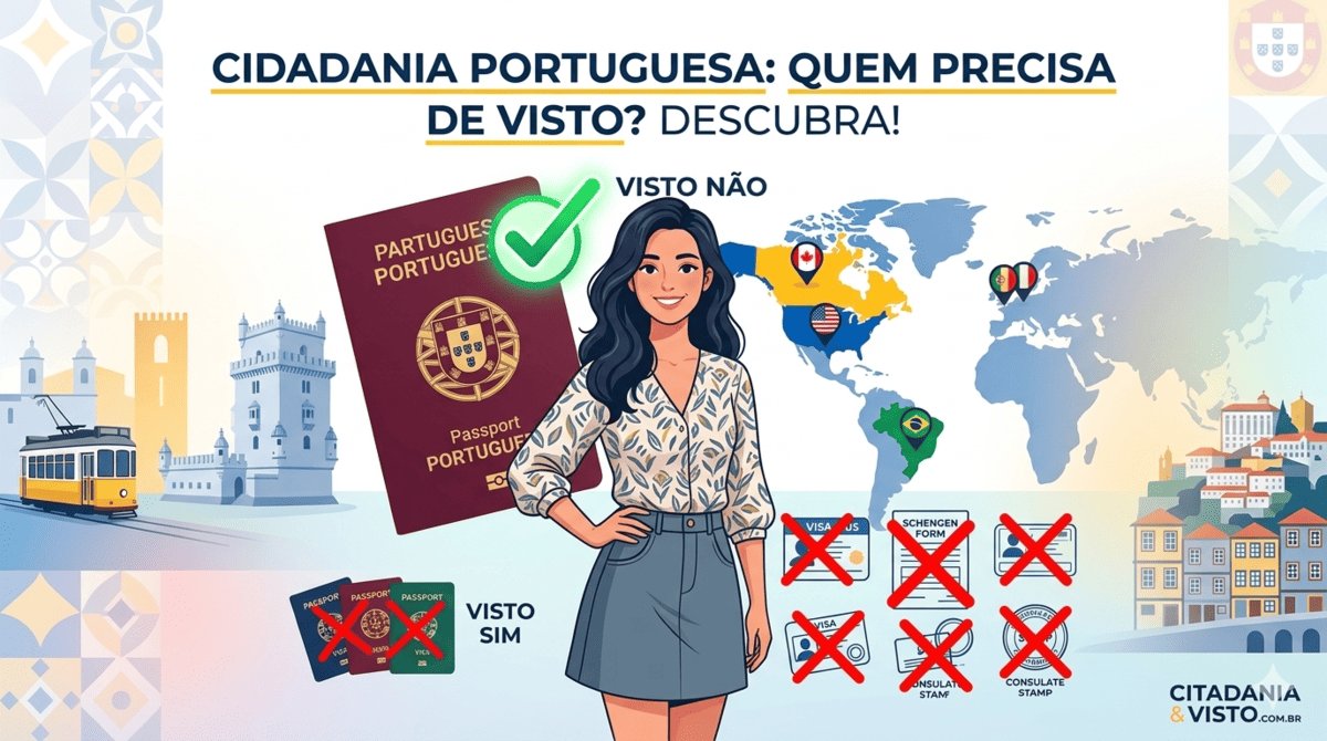 Ilustração moderna em estilo gráfico mostrando uma mulher sorridente ao lado de um passaporte português em tamanho grande. Ao redor, diversos ícones de vistos e formulários burocráticos aparecem riscados com um 